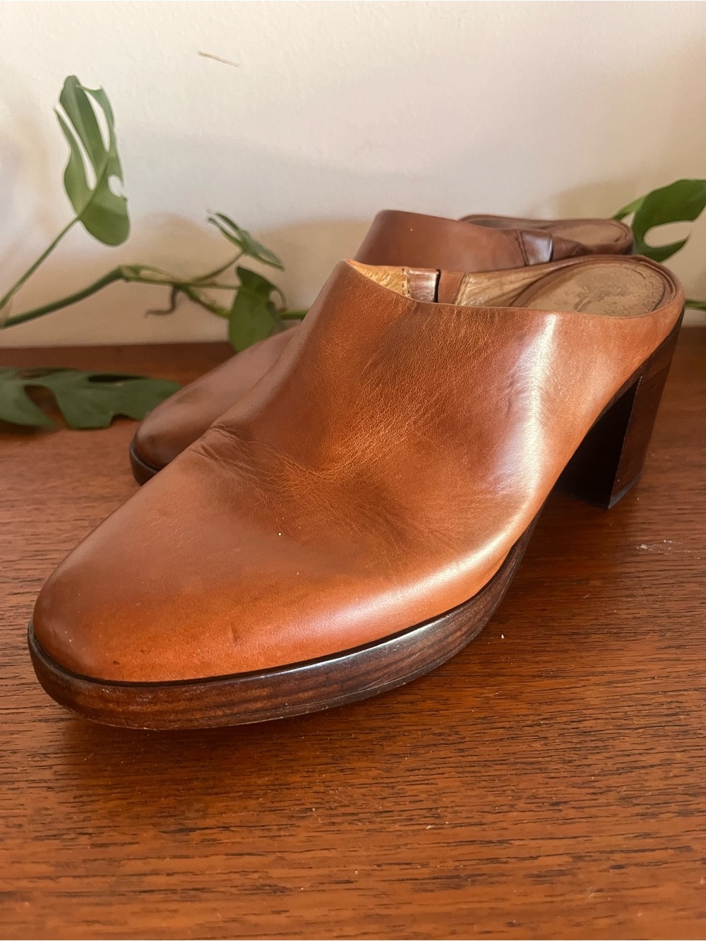 Frye Women’s Leather Mule Heels in Cognac Brown